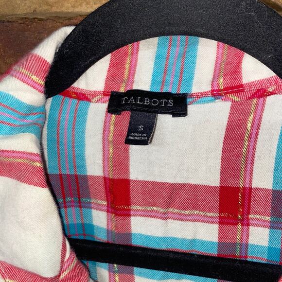Talbots White Blue Red Metallic Plaid Long Sleeve Button Down Shirt Size Small - Picture 4 of 6